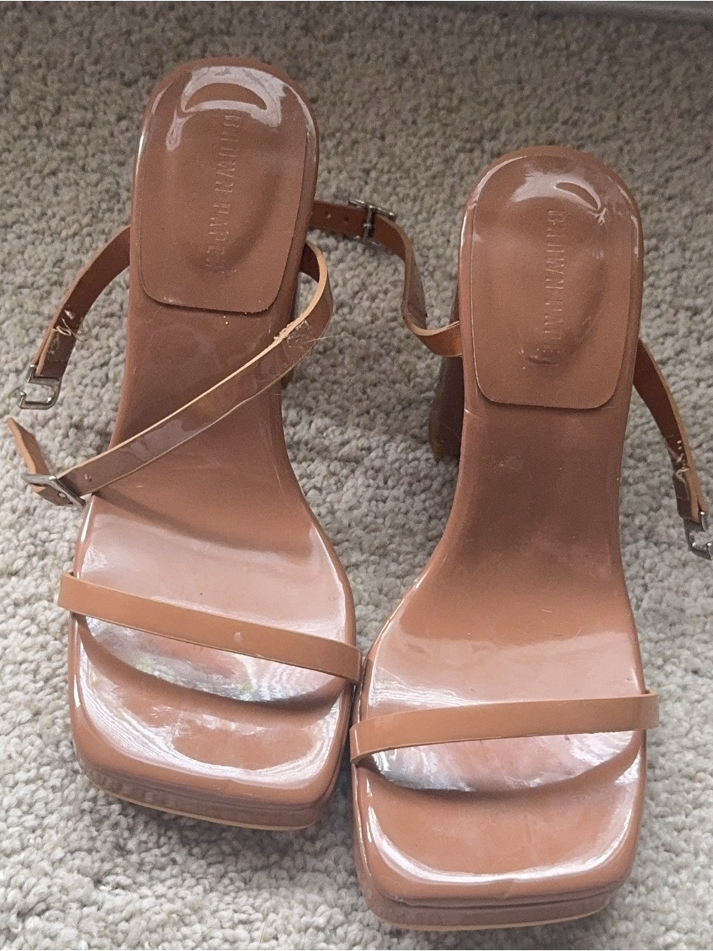 Patent Tan Strappy Square-Toe Block Heel Sandals